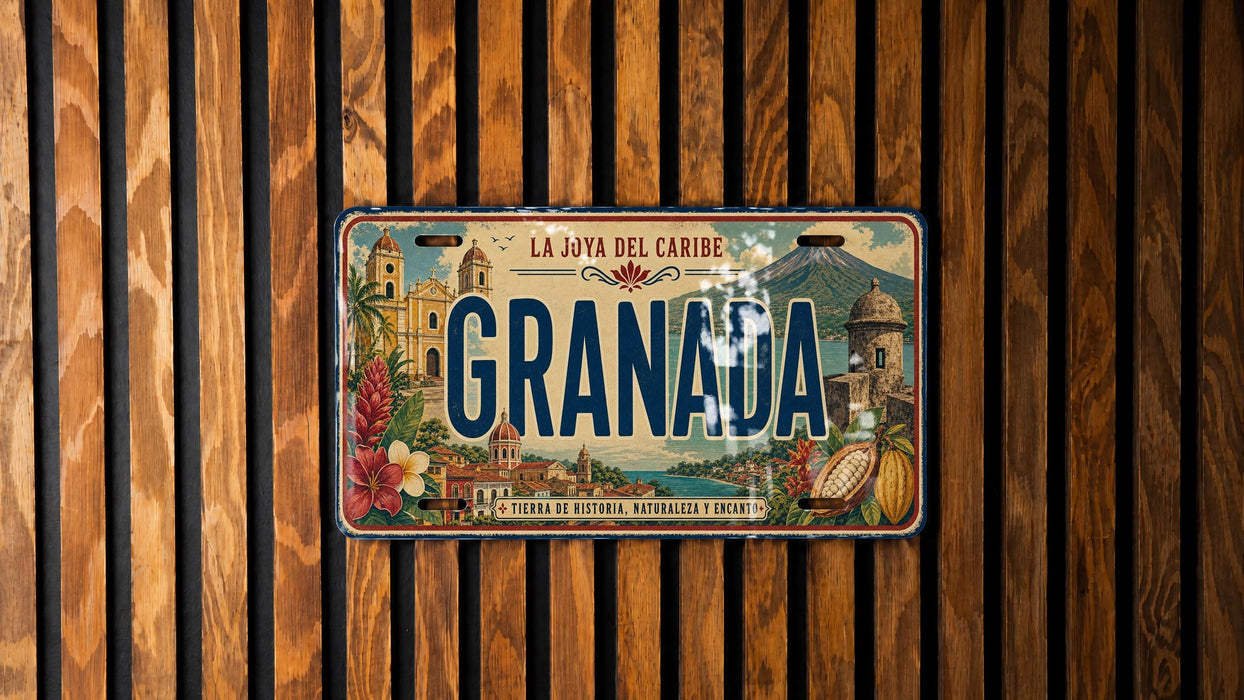 A vintage license plate from Granada, Spain, with a colorful illustration of the city's landmarks and natural scenery.