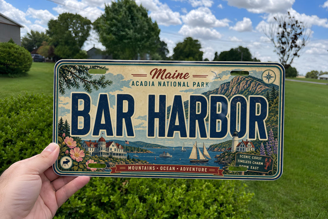 A Maine license plate with the text "BAR HARBOR" and a scenic illustration of the area, held up against a background of trees and a blue sky.