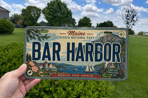 A Maine license plate with the text "BAR HARBOR" and a scenic illustration of the area, held up against a background of trees and a blue sky.
