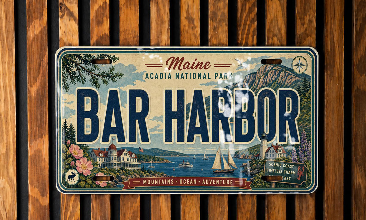 A vintage Maine license plate with the text "BAR HARBOR" and a scenic illustration of the coast, mountains, and boats.