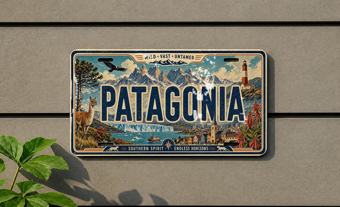 A vintage Patagonia license plate with a scenic mountain landscape and a lighthouse, mounted on a wall.