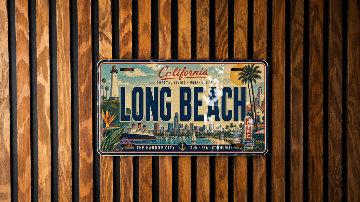 A California license plate with the text "LONG BEACH" and a cityscape illustration, mounted on a wooden wall.