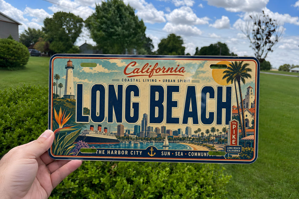 A person is holding a California license plate that says "LONG BEACH" with a cityscape and beach scene on it.