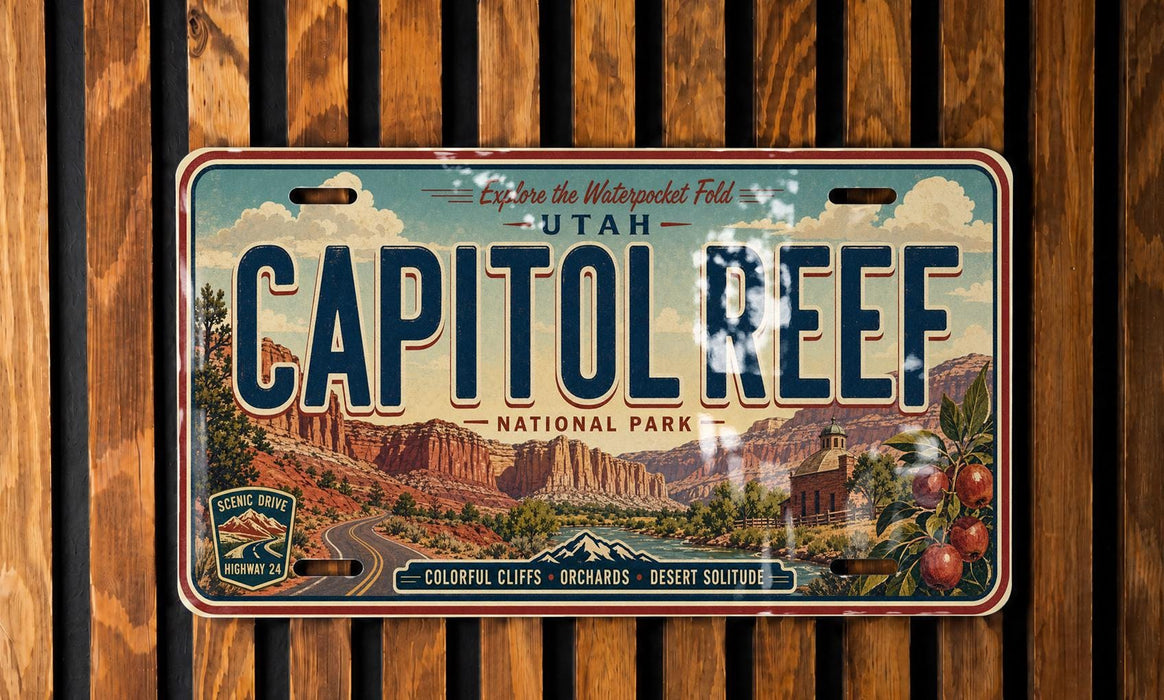A vintage license plate from Utah, featuring the name "CAPITOL REEF" and the scenic landscape of the park.