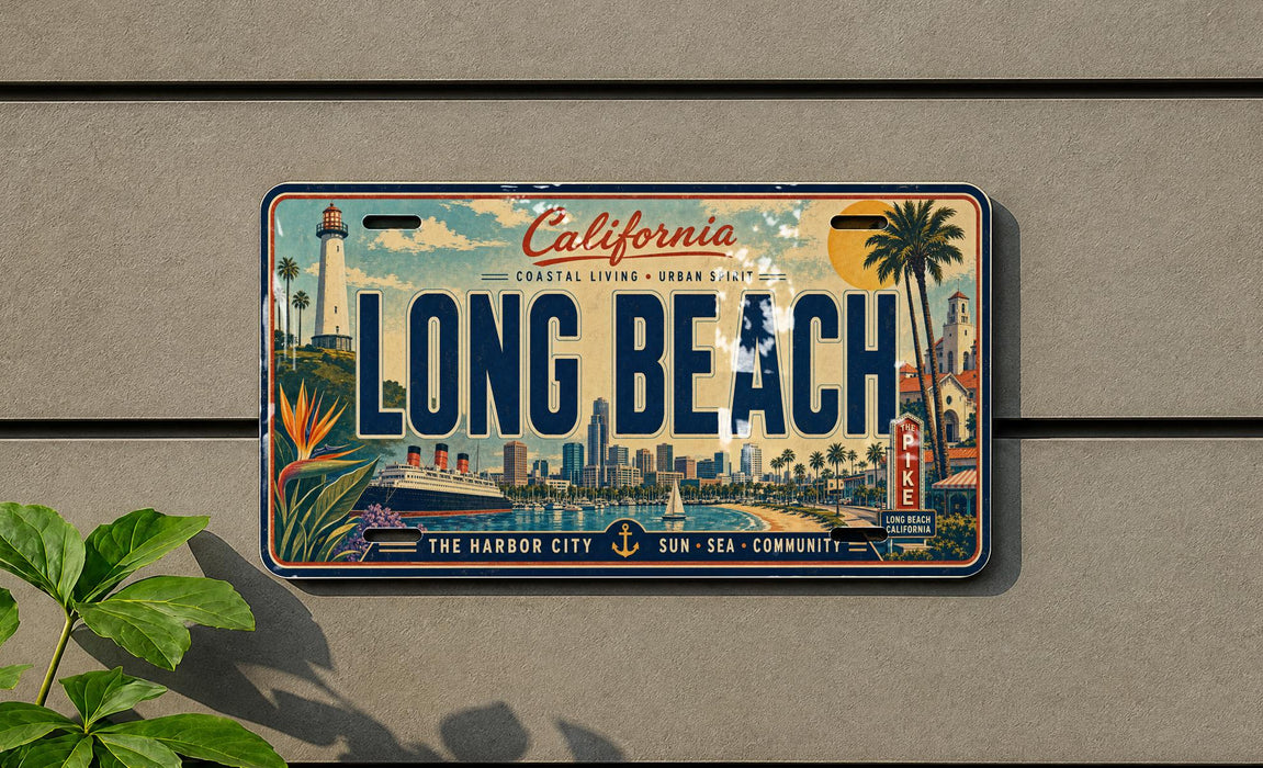 A California license plate with the text "LONG BEACH" and an illustration of the city skyline, palm trees, and a lighthouse.