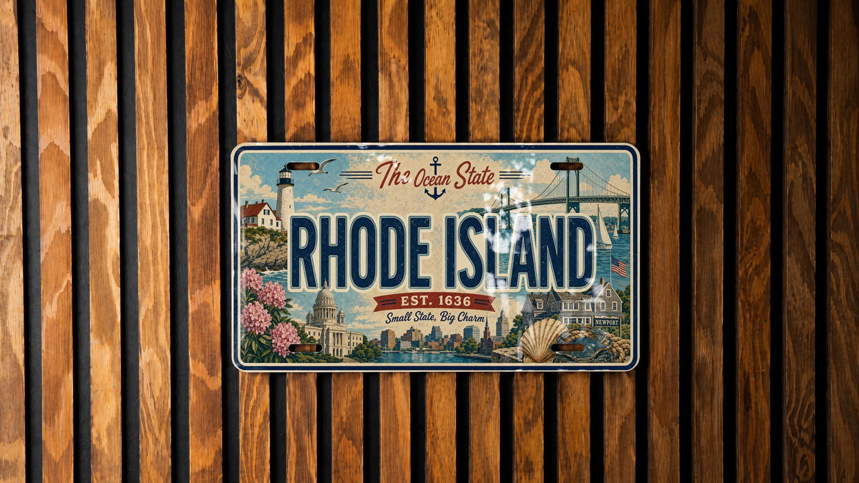 A vintage license plate from Rhode Island with a scenic illustration of the state's landmarks and a lighthouse.