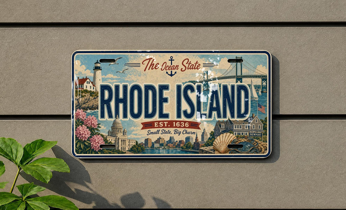 A vintage license plate from Rhode Island with a scenic illustration of the state's landmarks and a lighthouse.