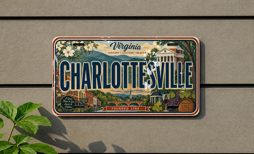A Virginia license plate that reads "CHARLOTTE'SVILLE" with a vintage-style illustration of a cityscape and landmarks.