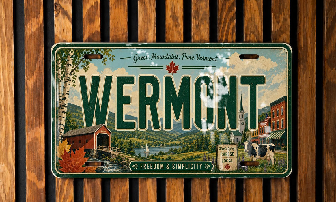 A vintage license plate from Vermont with a scenic countryside illustration.