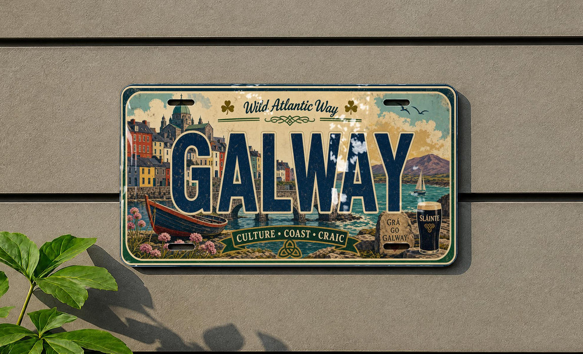 A vintage license plate from Galway, Ireland, featuring a colorful illustration of the city and its landmarks.