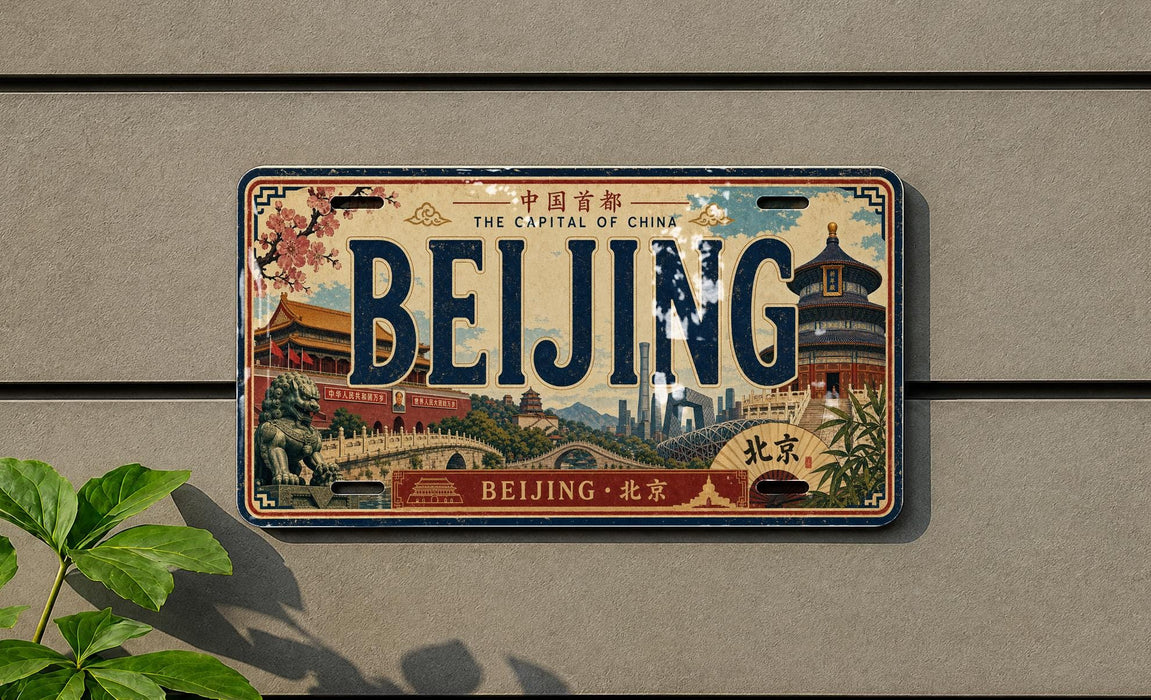 A vintage-style license plate with the word "BEIJING" prominently displayed, featuring various landmarks and scenes from the city of Beijing, China.