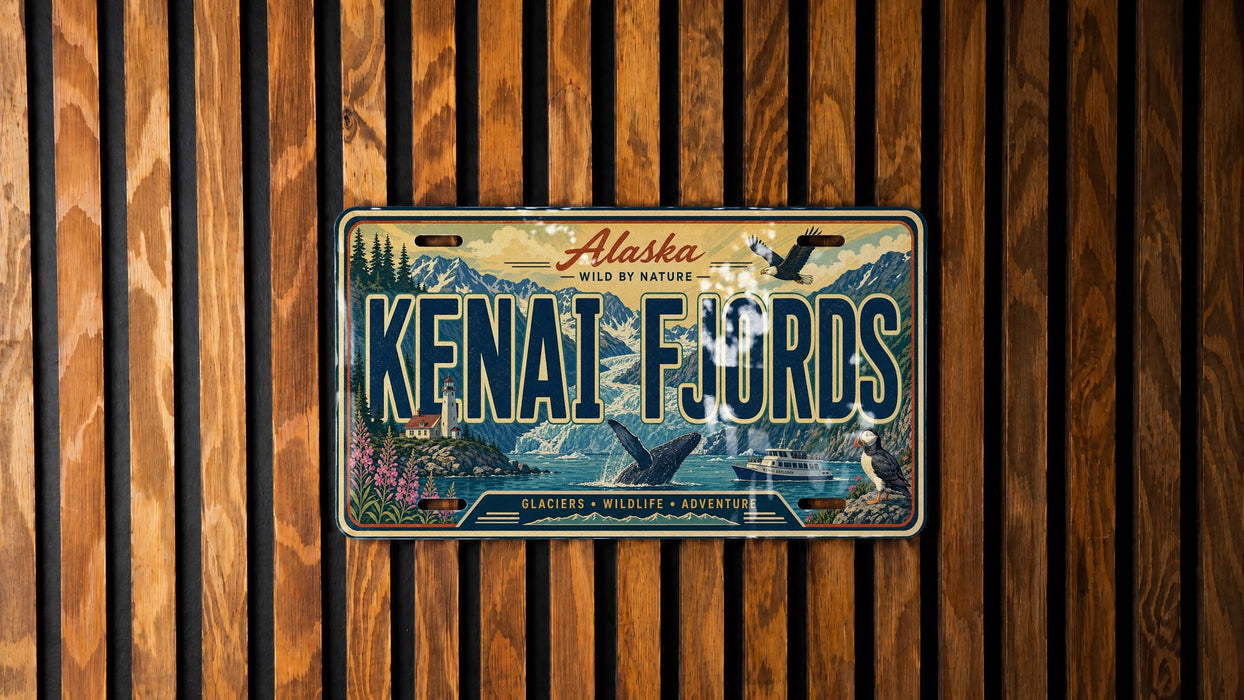 A license plate with the text "KFNAI F JORDS" is displayed against a wooden background.
