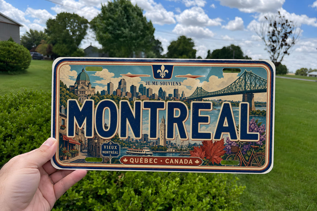 A person is holding a license plate with the word "MONTREAL" prominently displayed on it. The license plate also features a bridge and other cityscape elements, indicating it is from Quebec, Canada.
