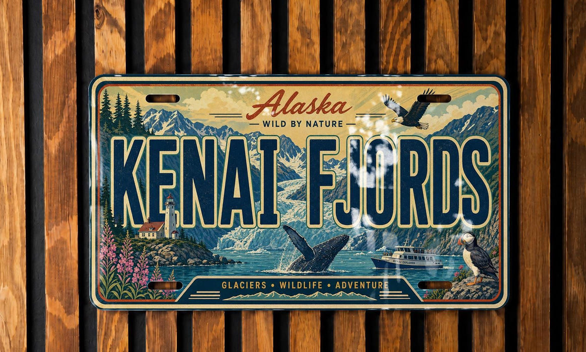 A license plate with the text "KENAI F. JORD" and an illustration of a scenic landscape with mountains, a lake, and wildlife.