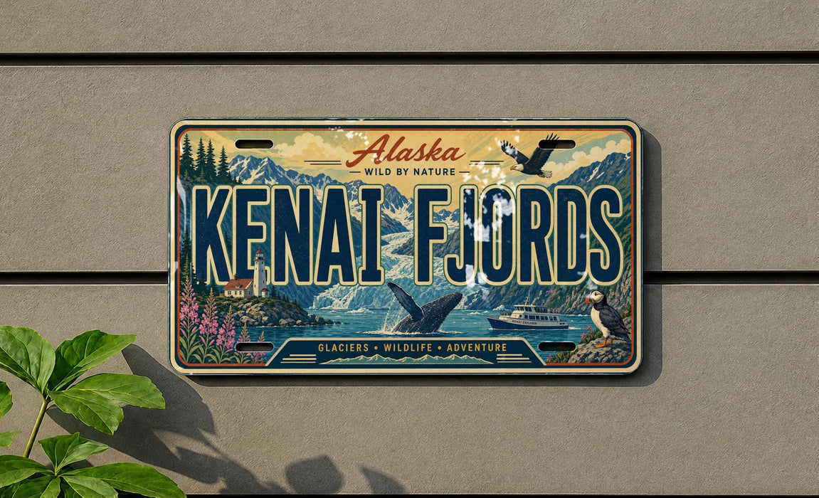 A license plate with the text "KIFNAI FJORDS" and an illustration of a scenic landscape with mountains, water, and wildlife.