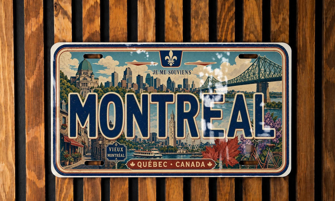 A vintage-style license plate from Montreal, Canada, featuring a cityscape and the text "MONTREAL" prominently displayed.
