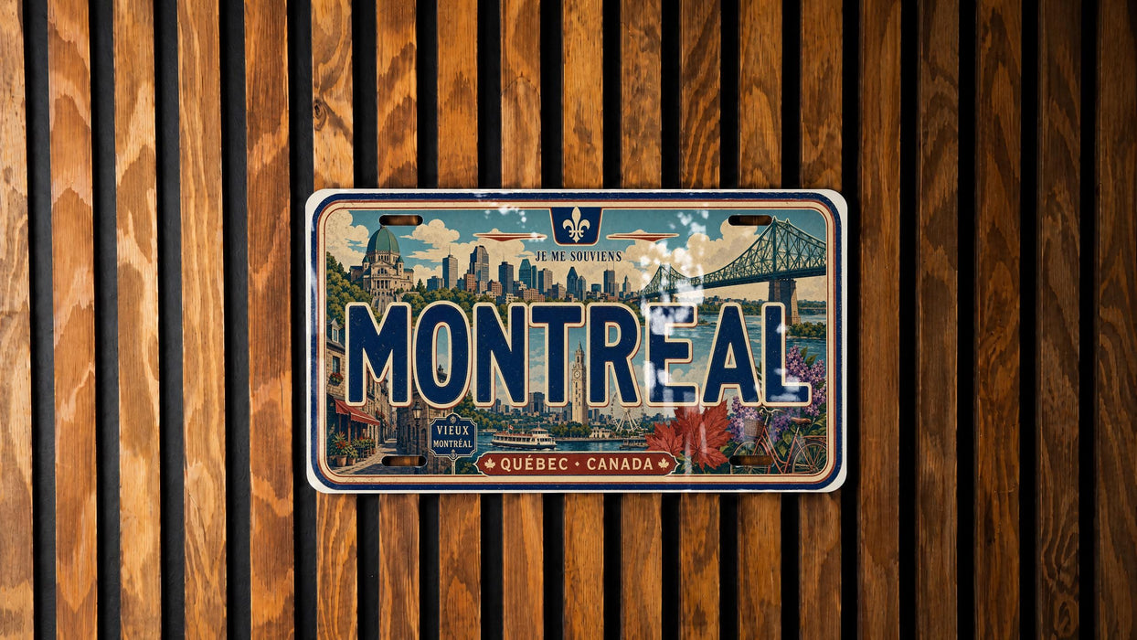 A vintage license plate from Quebec, Canada, with the word "MONTREAL" prominently displayed.