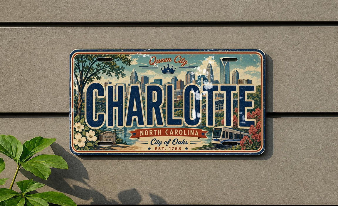 A license plate with the text "CHARLOTTE NORTH CAROLINA City of Oaks EST. 1768" is displayed on a wall.