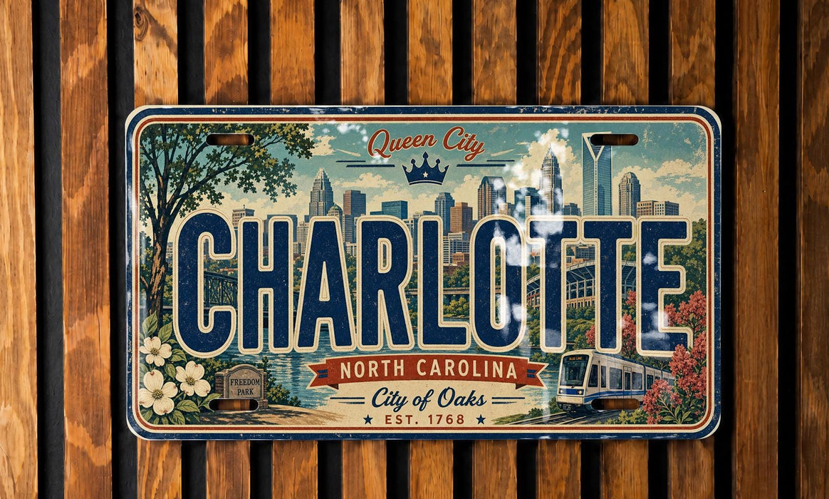 A license plate from North Carolina featuring the city of Charlotte and its surrounding landscape.