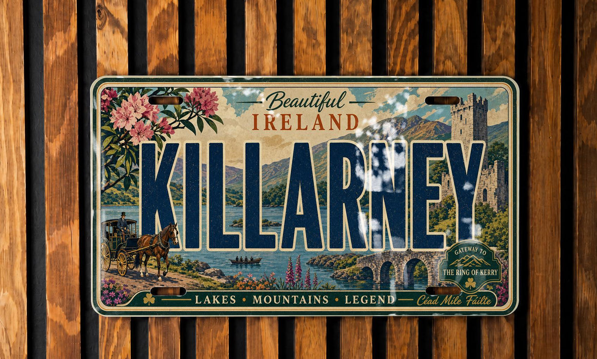 A vintage license plate from Ireland with a scenic landscape and text that reads "Beautiful Ireland" and "KILLARNEY".
