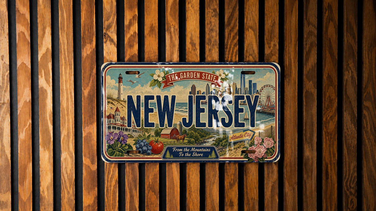 A vintage license plate from New Jersey, featuring an illustration of the state's landmarks and scenery.