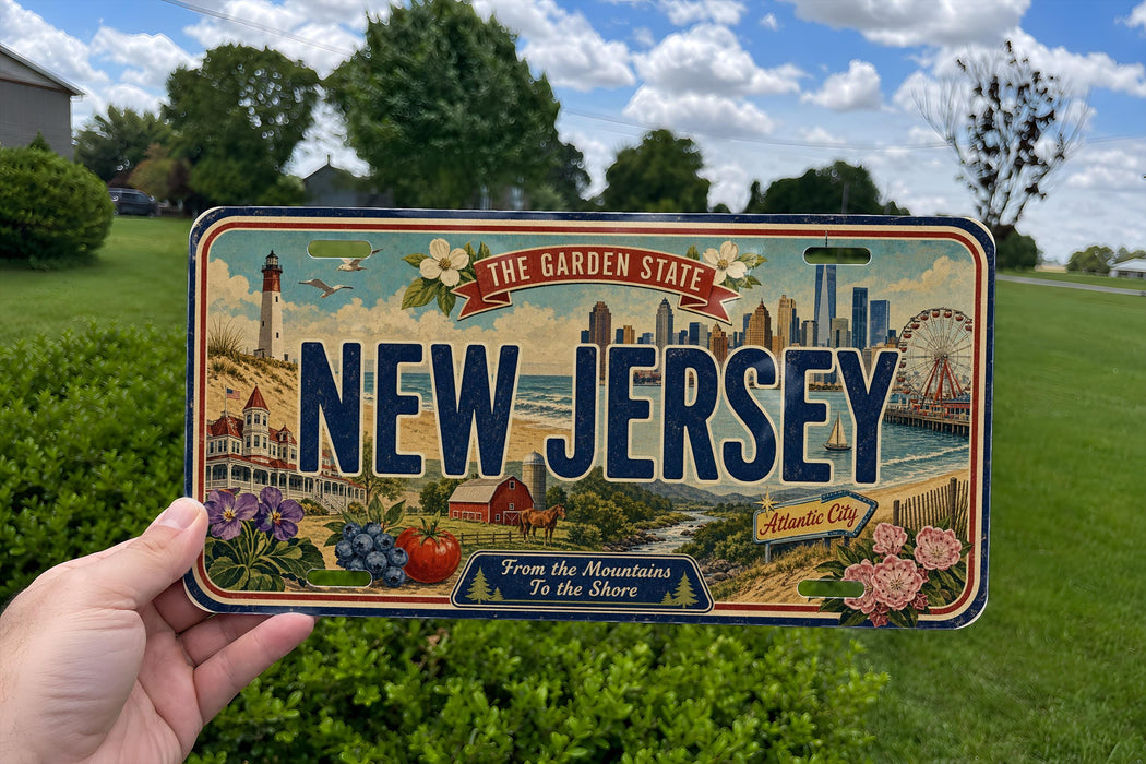 A person is holding a New Jersey license plate with a scenic illustration of the state, including a lighthouse, a ferris wheel, and a mountain landscape.