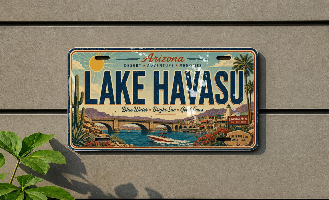 A vintage license plate from Arizona, featuring a scenic illustration of Lake Havasu with a bridge, palm trees, and a body of water.