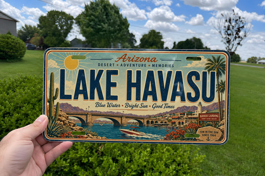 A person is holding a license plate that says "Lake Havasu" with a scenic illustration of the lake and surrounding landscape.