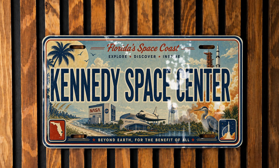 A vintage license plate with the text "Florida's Space Coast" and "KENNEDY SPACE CENTER" printed on it, along with various space-related imagery such as a rocket launch, a satellite, and a space shuttle.