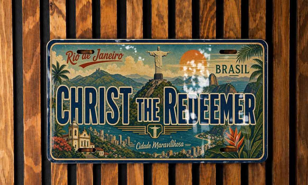 A vintage-style license plate from Brazil featuring the Christ the Redeemer statue and a tropical landscape.