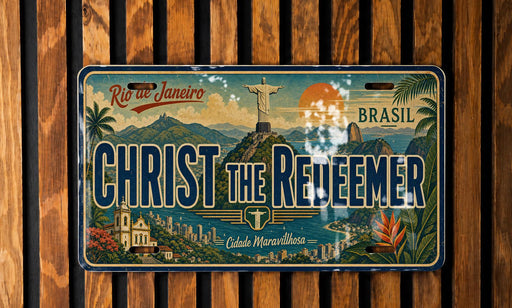 A vintage-style license plate from Brazil featuring the Christ the Redeemer statue and a tropical landscape.