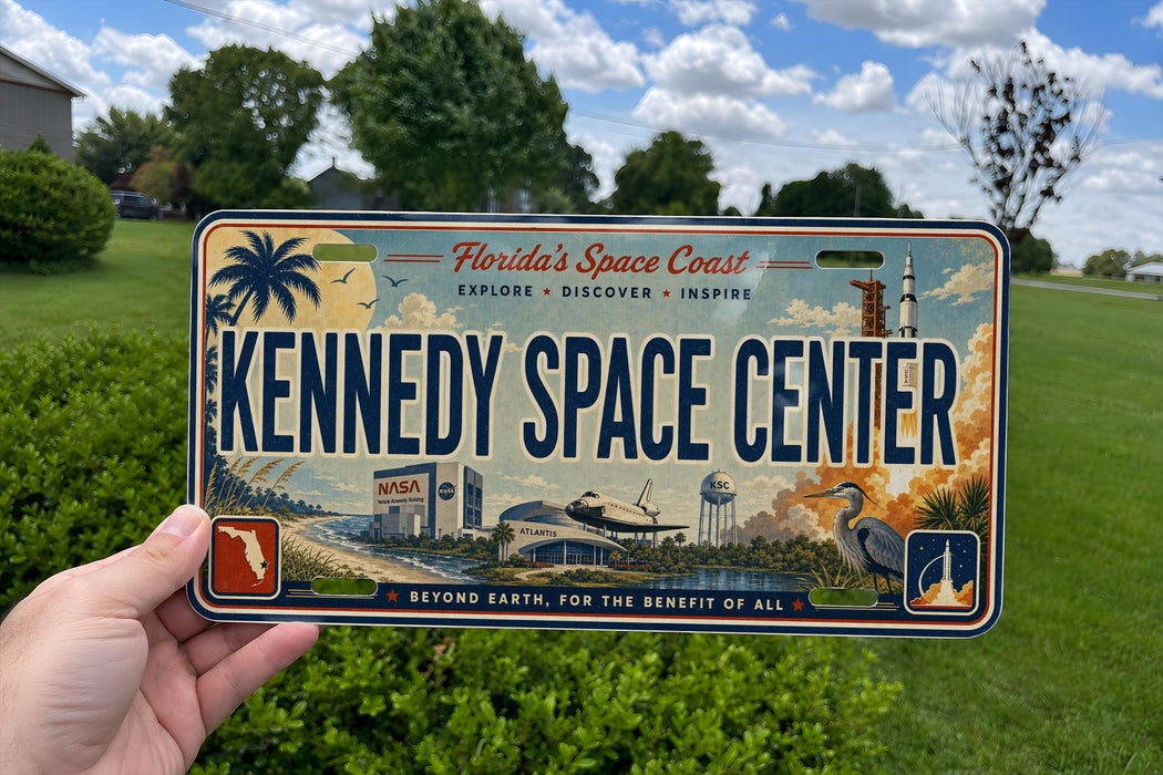 A person is holding a Florida license plate that features an illustration of the Kennedy Space Center.
