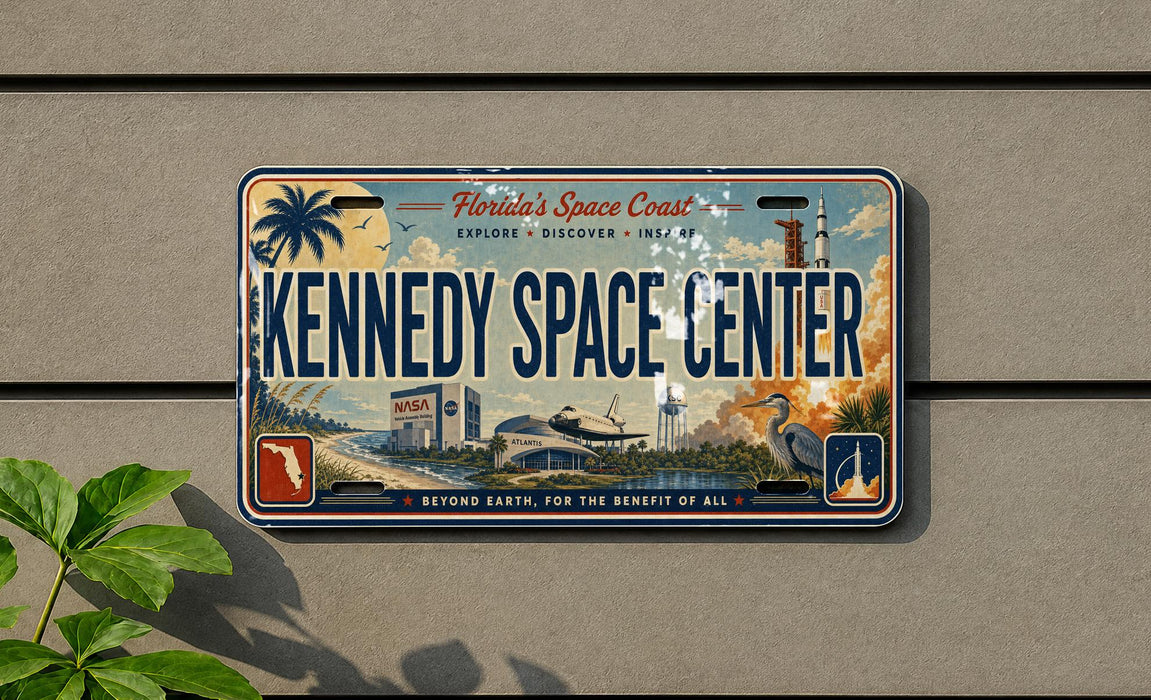 A license plate for the Kennedy Space Center, featuring an illustration of the space center and surrounding landscape.