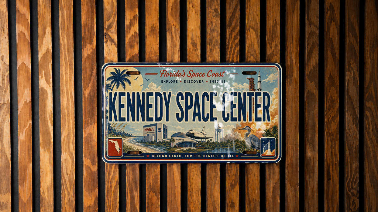 A vintage Florida license plate with the text "Florida's Space Coast" and "KENNEDY SPACE CENTER" printed on it, mounted on a wooden wall.
