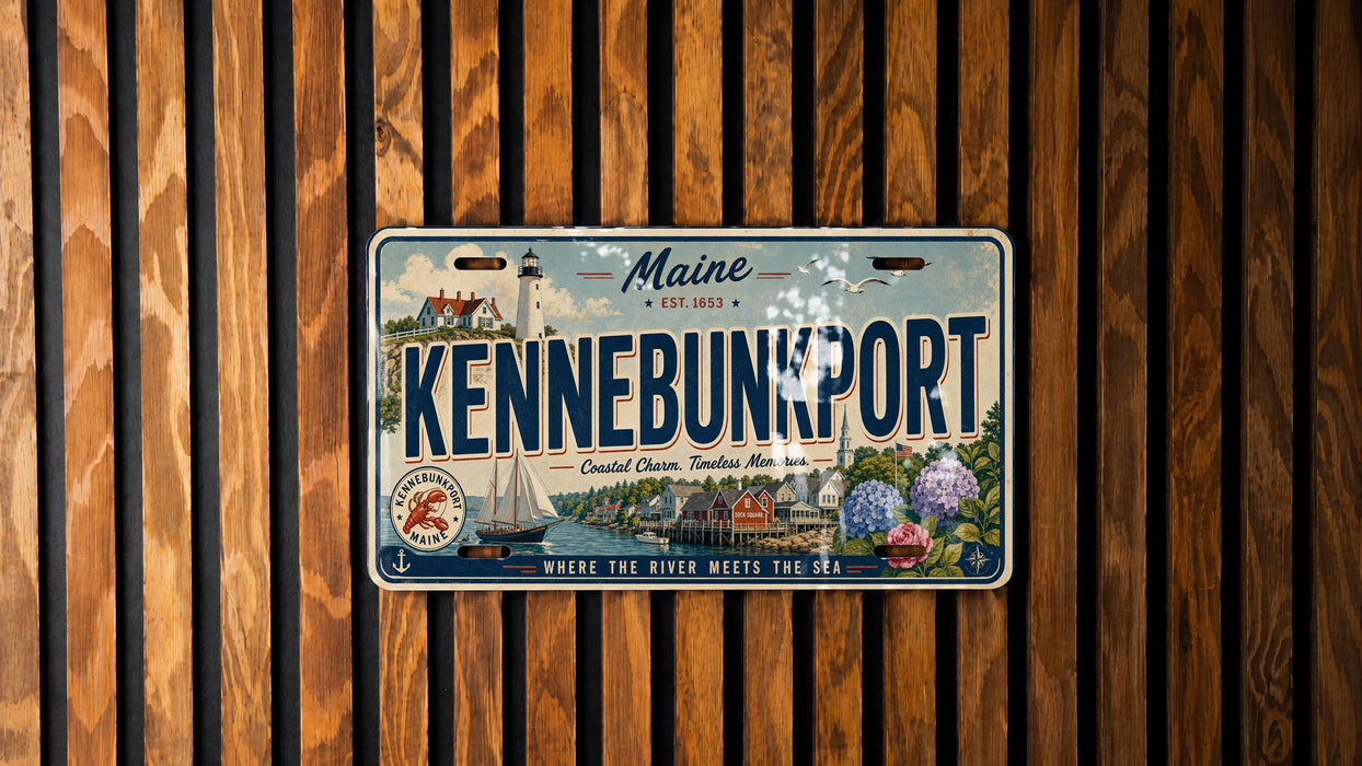 A Maine license plate with the text "KENNEBUNKPORT" and a decorative design of a lighthouse, boats, and other coastal elements.