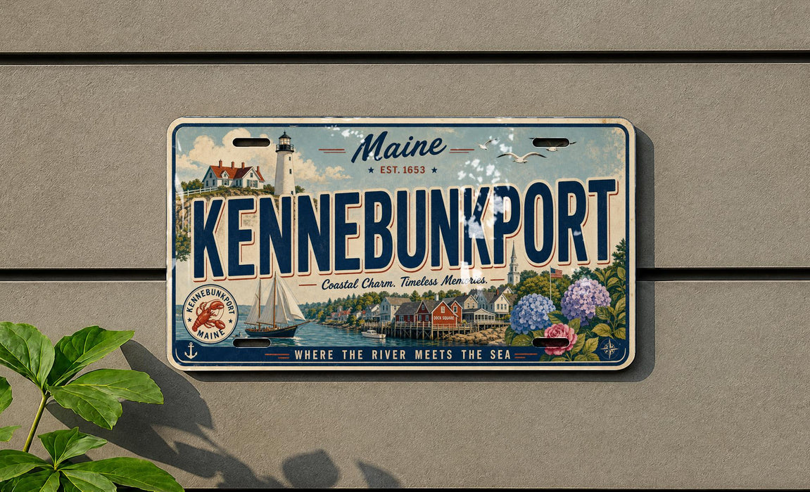 A Maine license plate with a vintage design, featuring a lighthouse, boats, and a coastal town.
