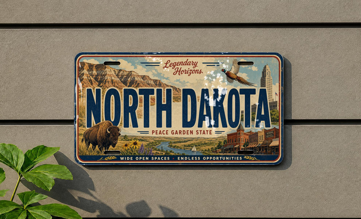 A vintage license plate from North Dakota, featuring an illustration of a buffalo, mountains, and a city skyline.