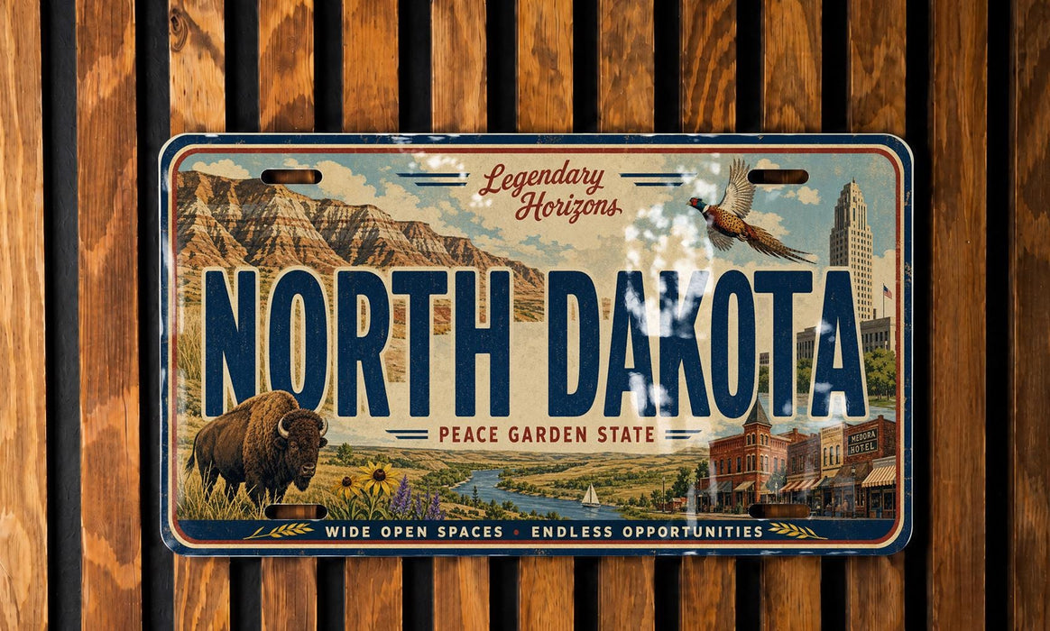 A vintage license plate from North Dakota, featuring a scenic landscape with mountains, a buffalo, and a city skyline.