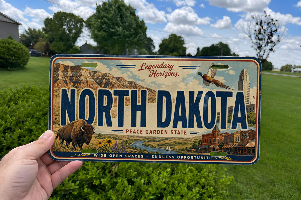 A person is holding a license plate that says "NORTH DAKOTA" with a scenic background depicting mountains, a buffalo, and a city skyline.