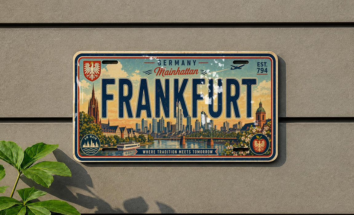 a license plate with the text "FRANKFURT" and a cityscape illustration, mounted on a wall.