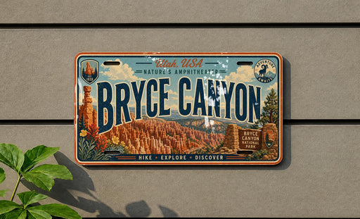 A vintage license plate with the text "Bryce Canyon" and various icons related to nature and exploration, mounted on a wall.