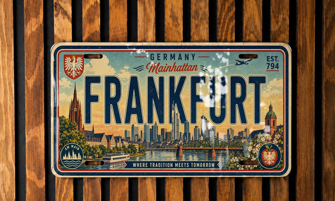 The image is a vintage license plate from Germany that reads "FRANKFORT" and features a cityscape illustration.
