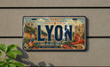 A license plate from France with the word "LYON" prominently displayed.