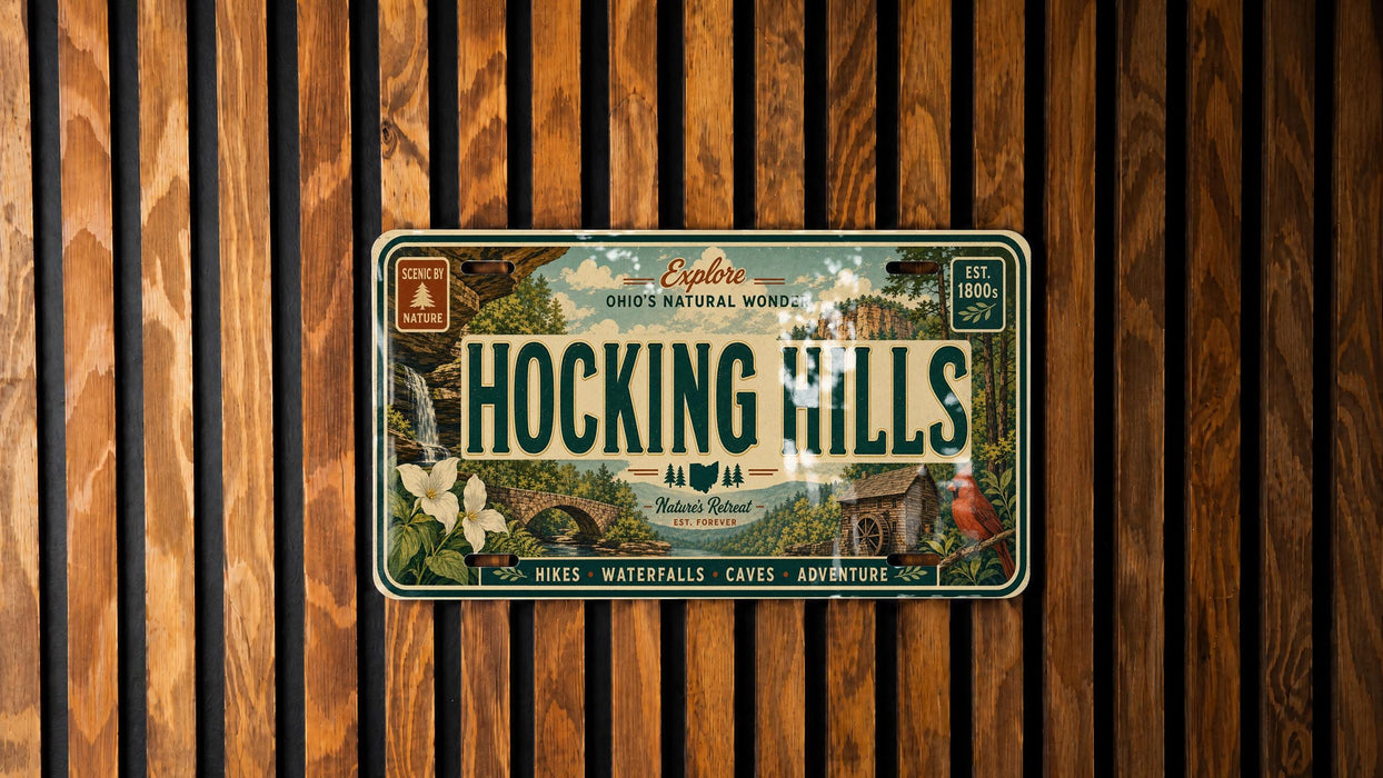 A vintage-style license plate with the text "HOCKING HILLS" and "OHIO'S NATURAL WOND" printed on it, hanging on a wooden wall.