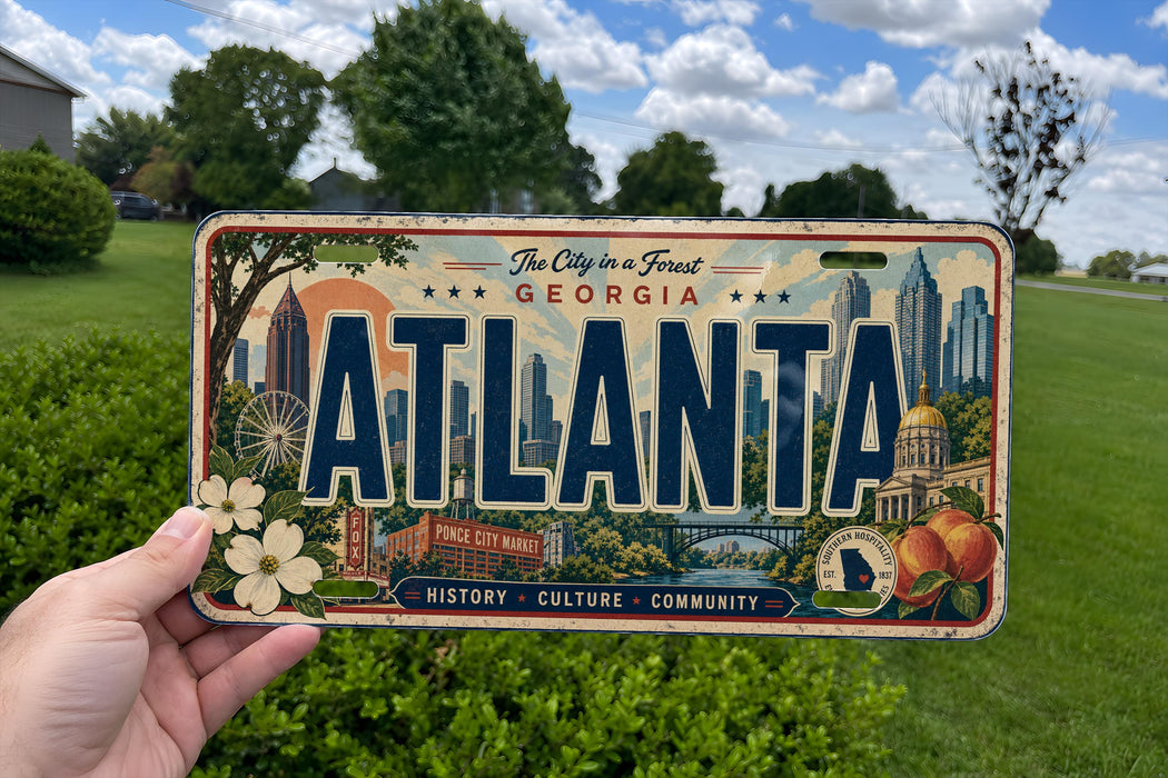 A person is holding a license plate with the text "ATLANTA" prominently displayed, featuring an illustration of the city of Atlanta.