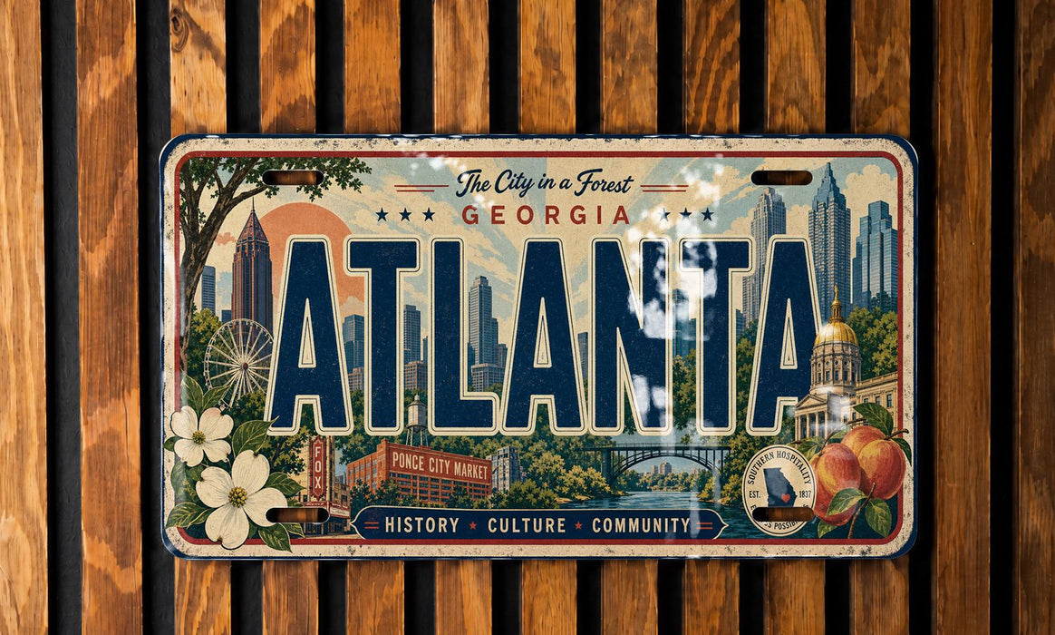 A vintage license plate from Georgia, featuring the city of Atlanta with various landmarks and symbols.