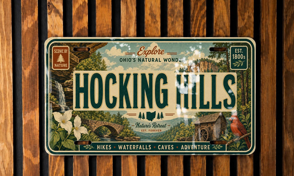 The image is a vintage license plate with a nature-themed design, featuring a waterfall, a bridge, and various outdoor elements.