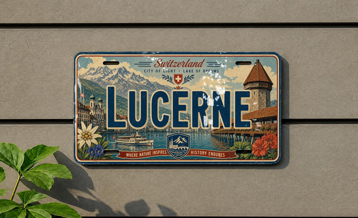 A license plate with the word "LUCERNE" prominently displayed, featuring a scenic mountain landscape and a castle-like structure.