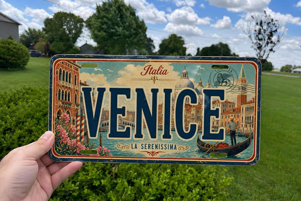 A person is holding a license plate that says "VENICE" with a cityscape of Venice on it.