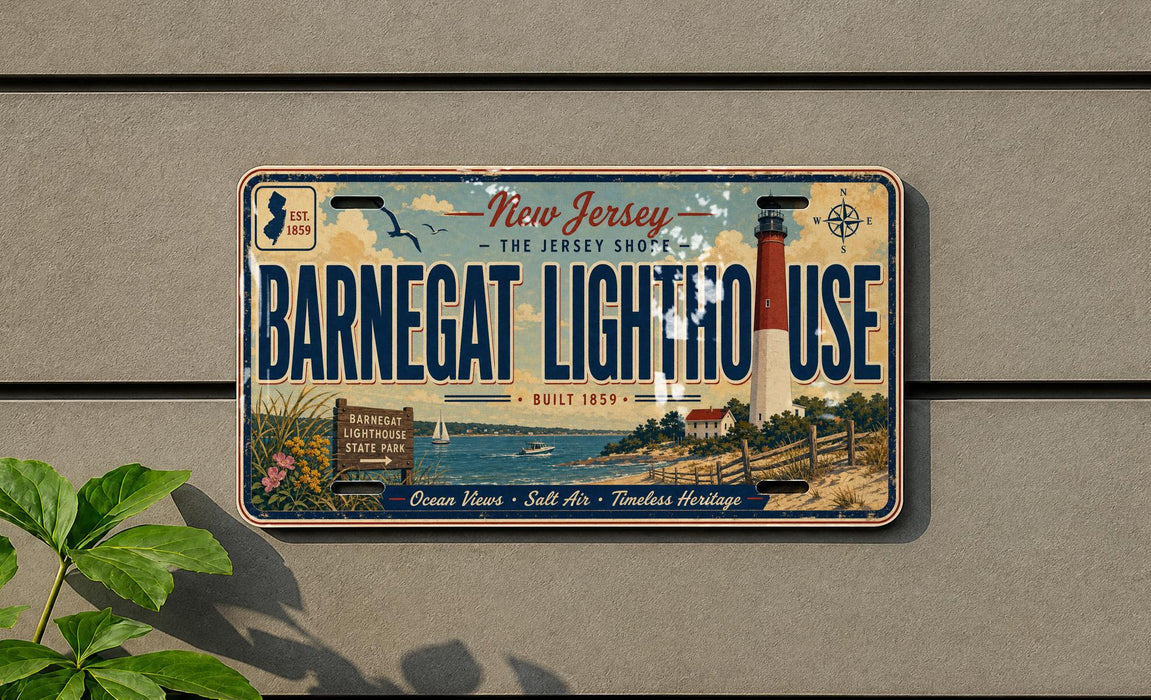 A vintage license plate from New Jersey, featuring the Barnesat Lighthouse, a historic landmark built in 1859.